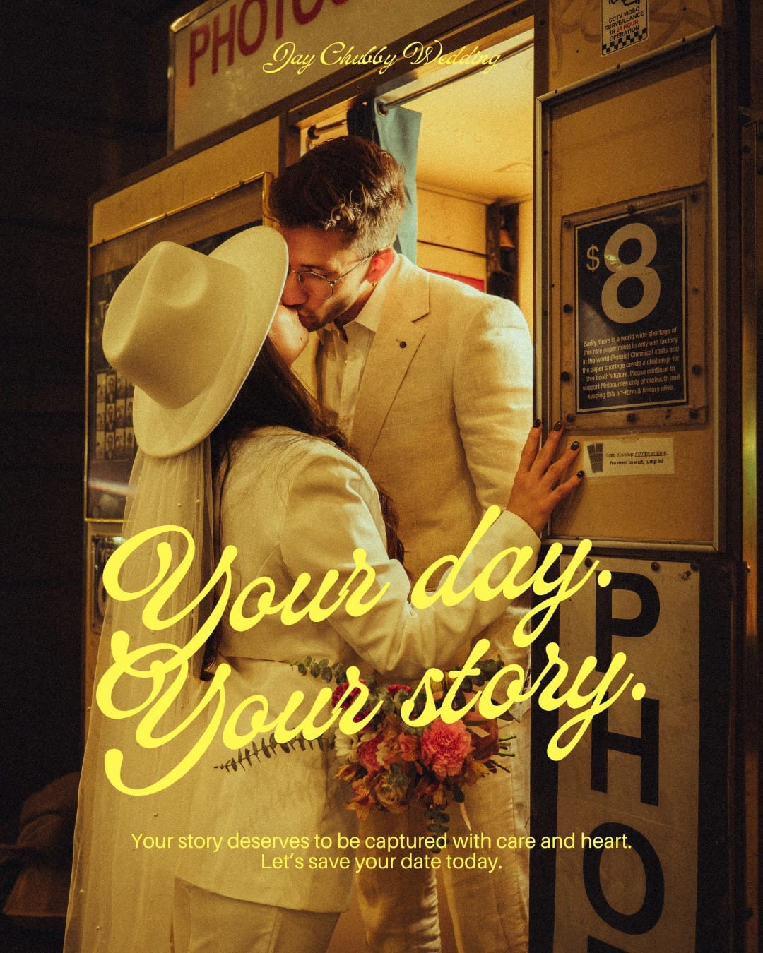 A couple embracing in a vintage photo booth, with the words Your day, your story in yellow neon